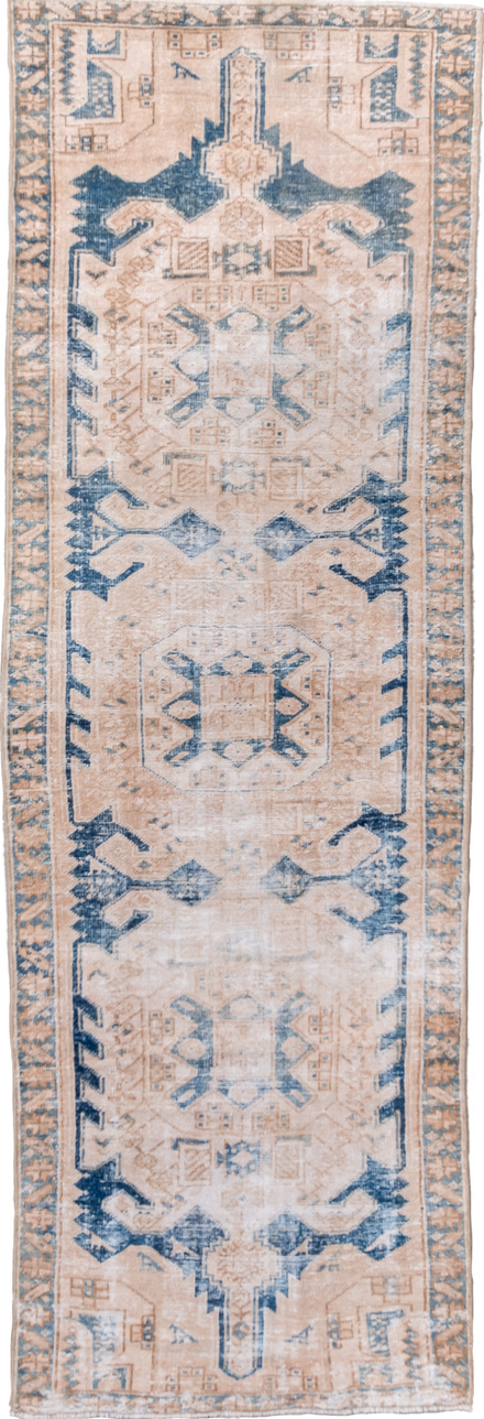3' x 9' one-of-a-kind handmade vintage Hamadan runner rug. Color palette: blue, dim gray, gainsboro, gray, light blue