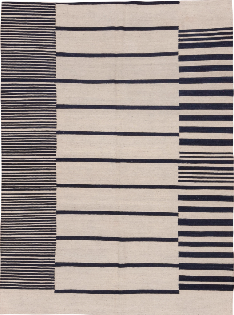 5' x 8' one-of-a-kind handmade vintage Kilim medium size rug. Color palette: black, charcoal, gray, light gray, off-white