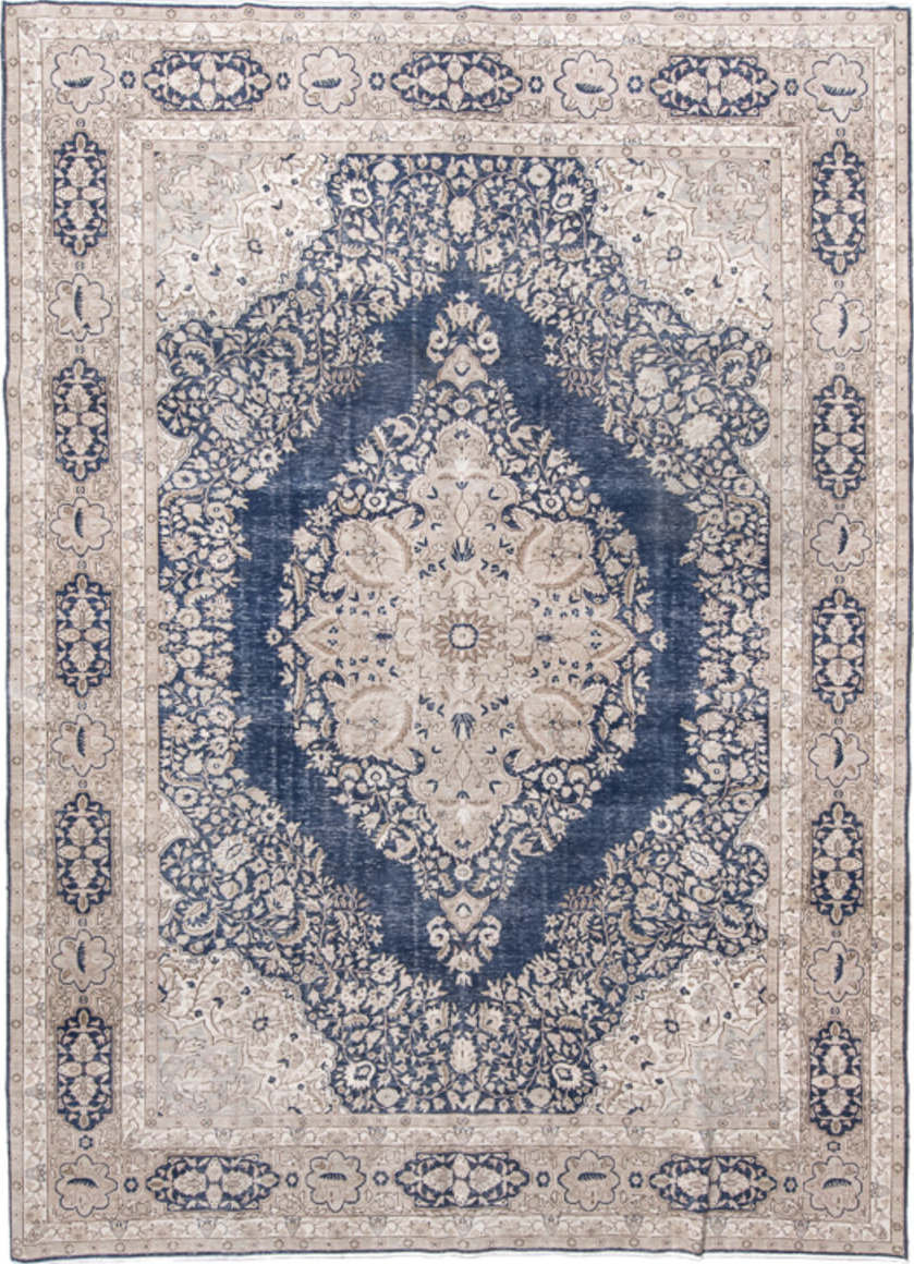 8' x 12' one-of-a-kind handmade vintage Sivas large size rug. Color palette: blue, dark gray, dim gray, fiord, gainsboro