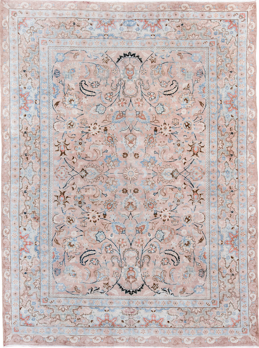 8' x 10' one-of-a-kind handmade vintage Tabriz large size rug. Color palette: black, blue, brown, gainsboro, gray