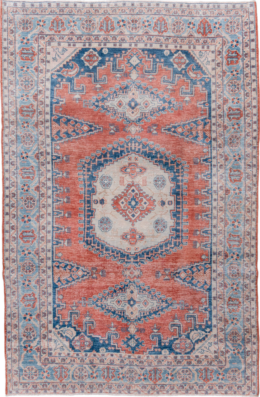 6' x 10' one-of-a-kind handmade vintage Veece large size rug. Color palette: blue, brown, dark gray, fiord, gainsboro, gray