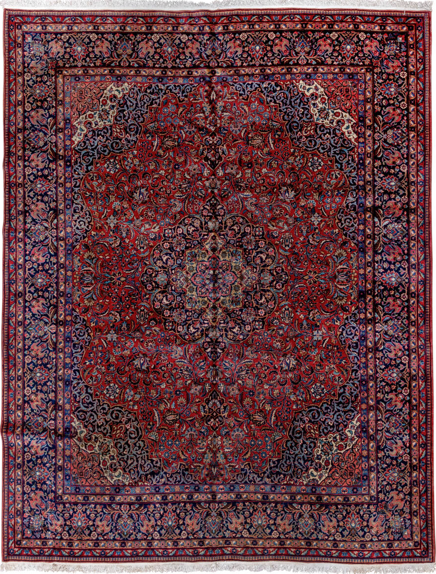 7' x 9' one-of-a-kind handmade vintage Kashan rug. Color palette: blue, brown, burgundy, fiord, gray, light gray