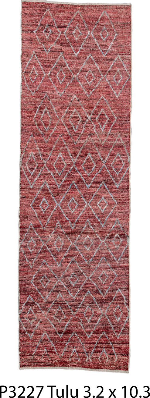 3' x 10' one-of-a-kind handmade vintage Tulu runner rug. Color palette: brown, gray, light blue, light coral, light gray