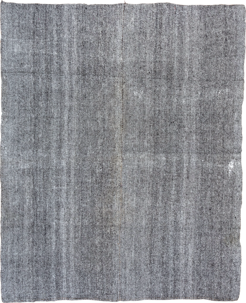 7' x 9' one-of-a-kind handmade vintage Flatweave rug. Color palette: black, blue, charcoal, dark gray, dim gray, gainsboro