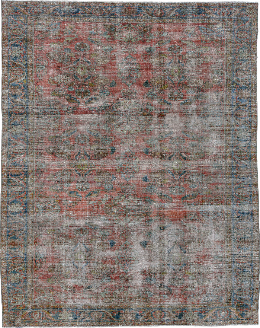 9' x 12' one-of-a-kind handmade vintage  large size rug. Color palette: black, blue, brown, dim gray, gray, light blue