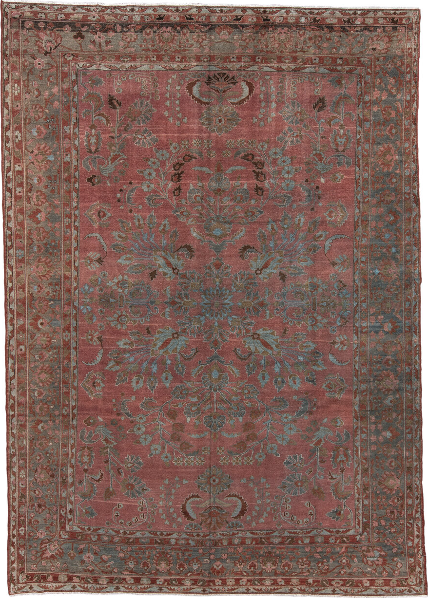8' x 12' one-of-a-kind handmade vintage Lilian large size rug. Color palette: gray, pink, brown, red, dim gray