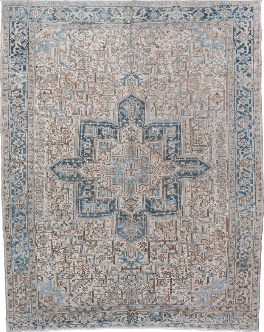 8' x 11' one-of-a-kind handmade vintage Heriz large size rug. Color palette: blue, dark gray, dim gray, fiord, gray