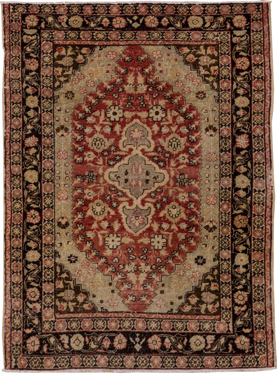 4' x 5' one-of-a-kind handmade vintage Oushak small size rug. Color palette: black, brown, gainsboro, gray, light gray