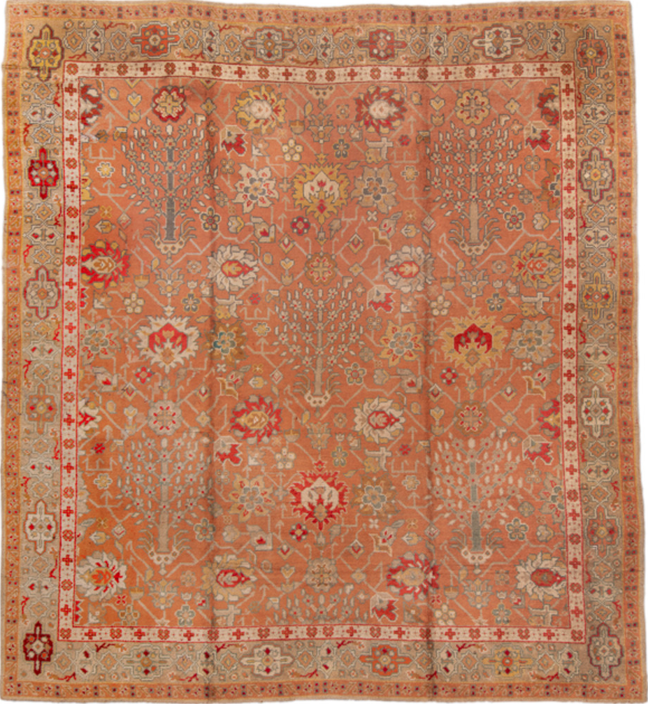 13' x 14' one-of-a-kind handmade vintage Oushak oversize rug. Color palette: brown, fire brick, gray, pink, red