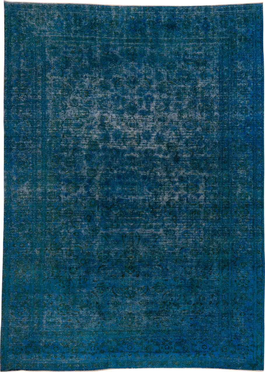 9' x 13' one-of-a-kind handmade vintage Overdyed large size rug. Color palette: arapawa, blue, gray, light gray