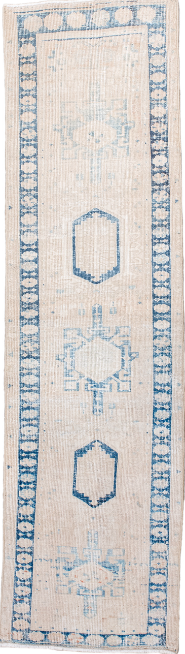 2' x 7' one-of-a-kind handmade vintage Heriz runner rug. Color palette: blue, dark gray, gainsboro, gray, light blue