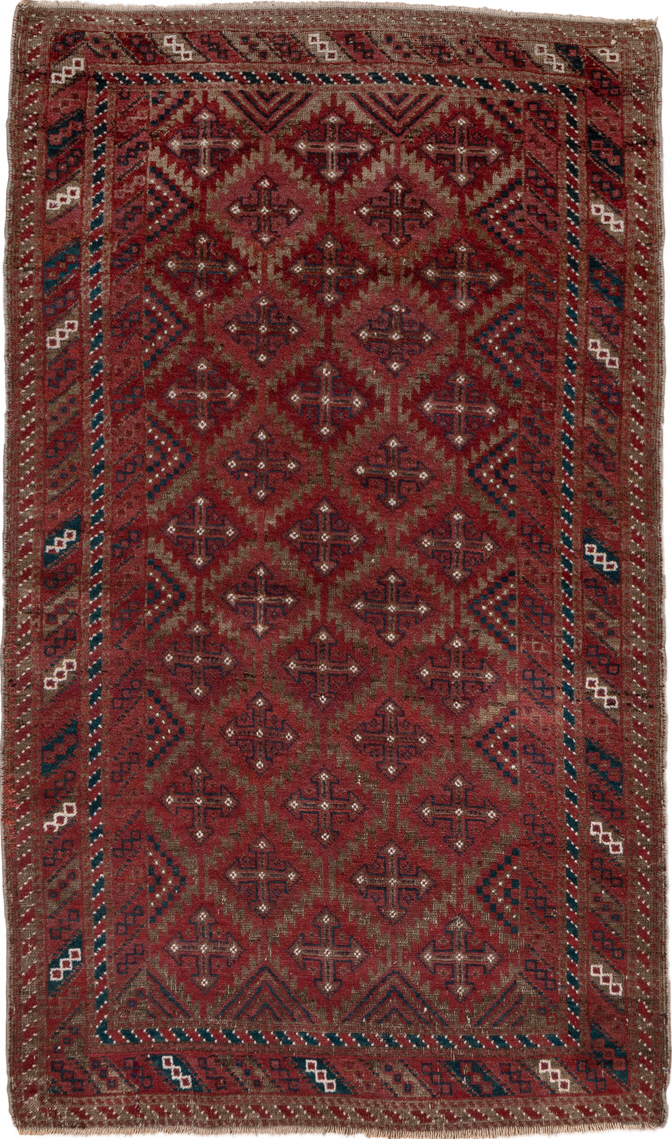 3' x 5' one-of-a-kind handmade vintage Belouch small size rug. Color palette: blue, brown, gray, light gray, pink, red
