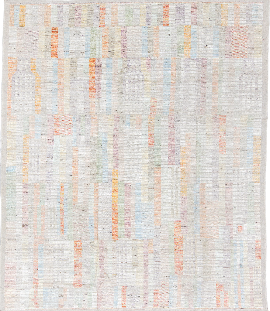 8' x 9' one-of-a-kind handmade vintage Tulu rug. Color palette: blue, brown, dark gray, gray, light blue, light gray