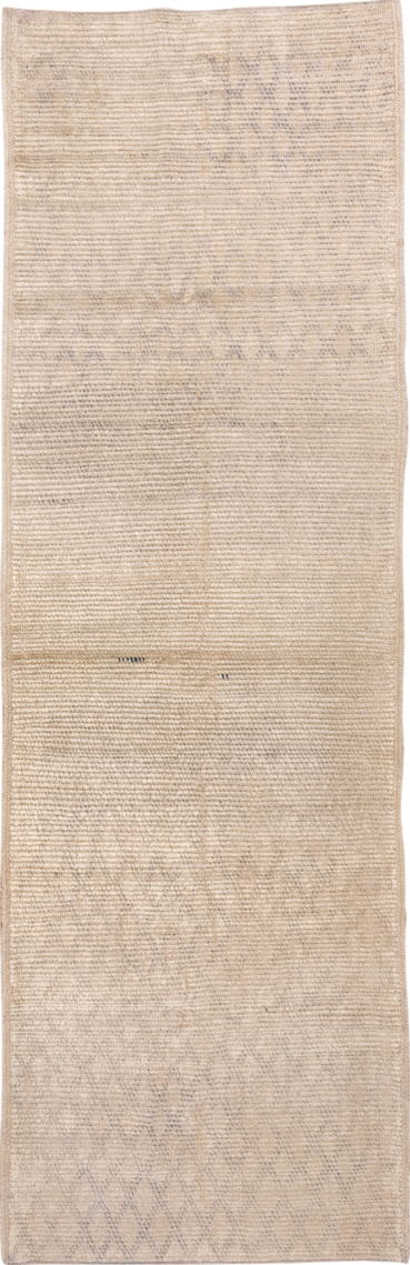 3' x 9' one-of-a-kind handmade vintage Moroccan runner rug. Color palette: brown, gray, light gray, off-white, orange, pink