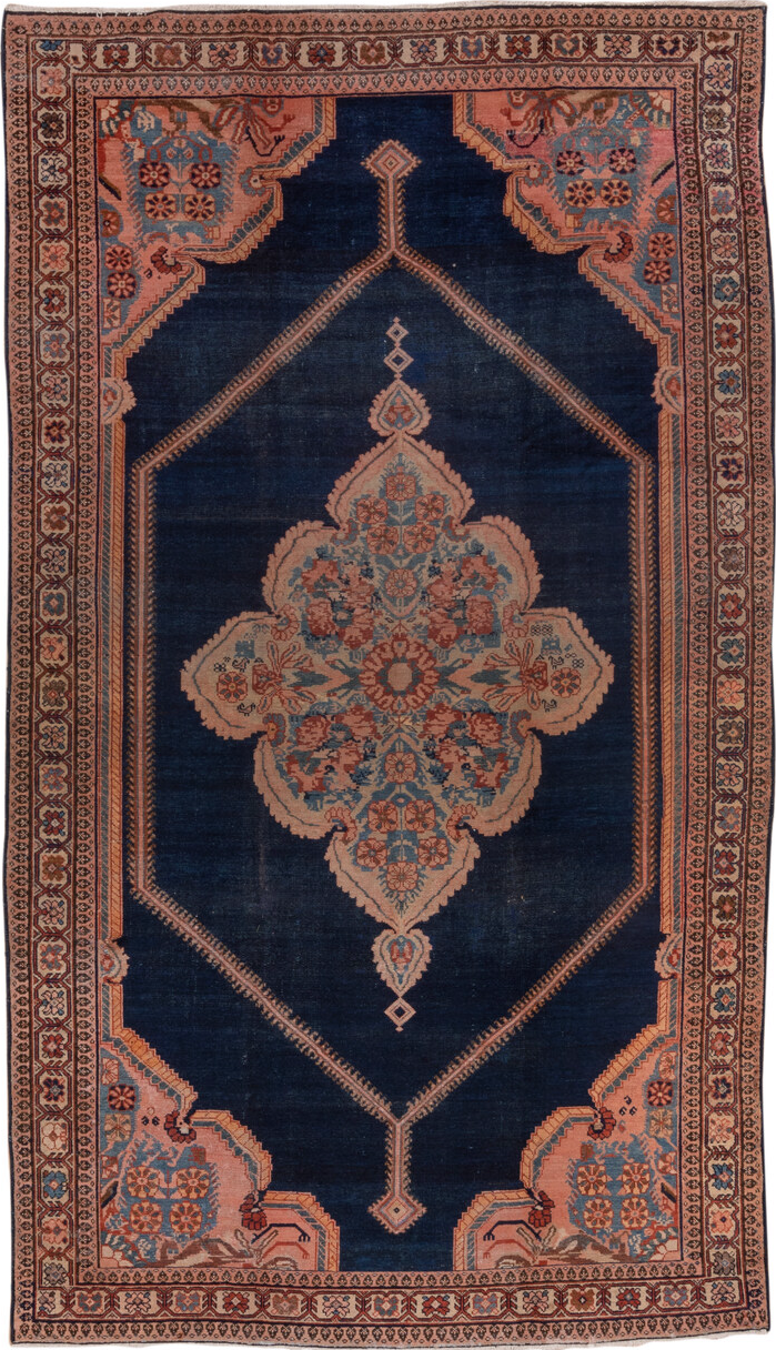 6' x 11' one-of-a-kind handmade vintage Malayer large size rug. Color palette: gray, brown, pink, blue, red, black, redwood