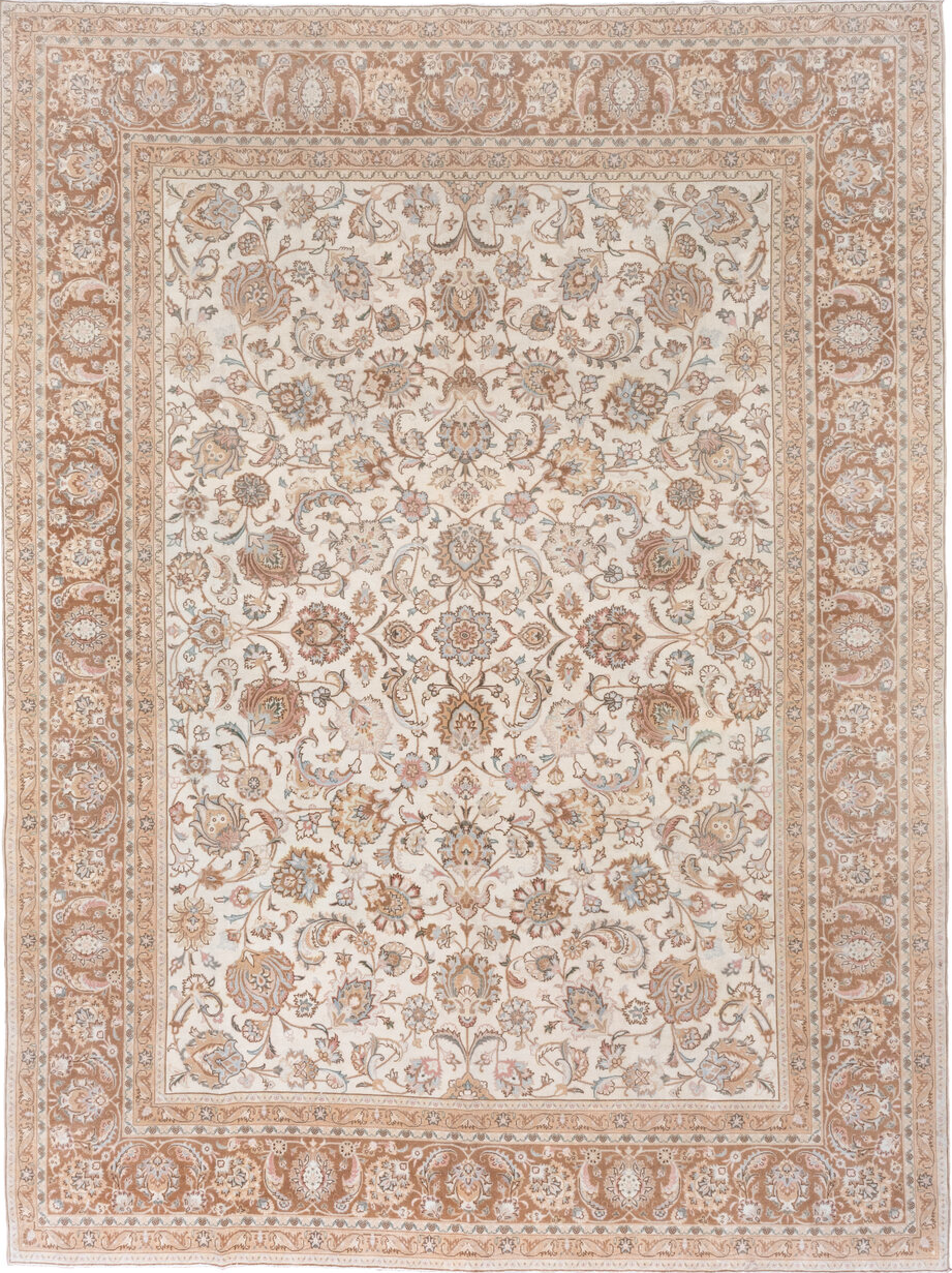 9' x 12' one-of-a-kind handmade vintage Tabriz large size rug. Color palette: brown, dark gray, gray, light gray, off-white