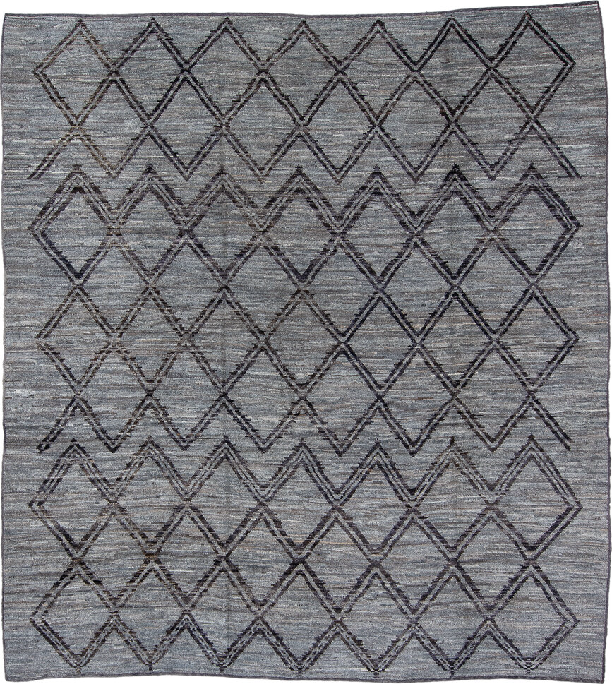 8' x 9' one-of-a-kind handmade vintage Tulu rug. Color palette: black, blue, charcoal, dark gray, gray, light blue