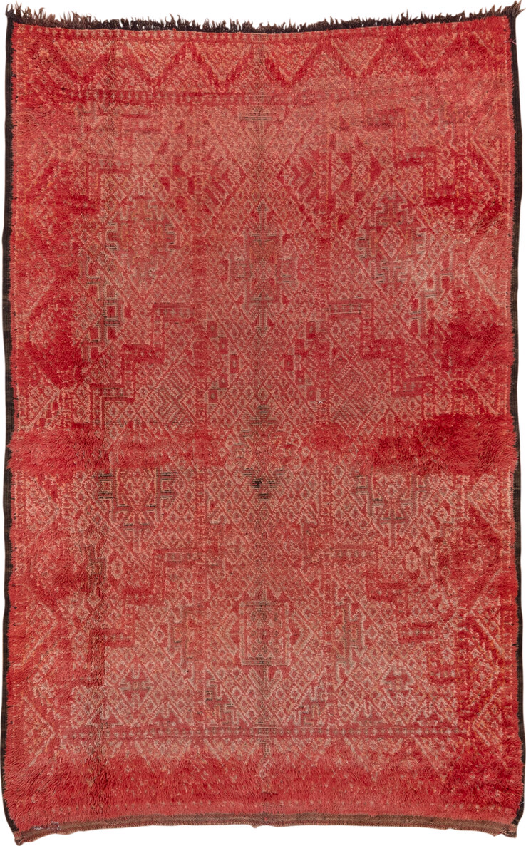 6' x 10' one-of-a-kind handmade vintage Moroccan large size rug. Color palette: brown, red, pink