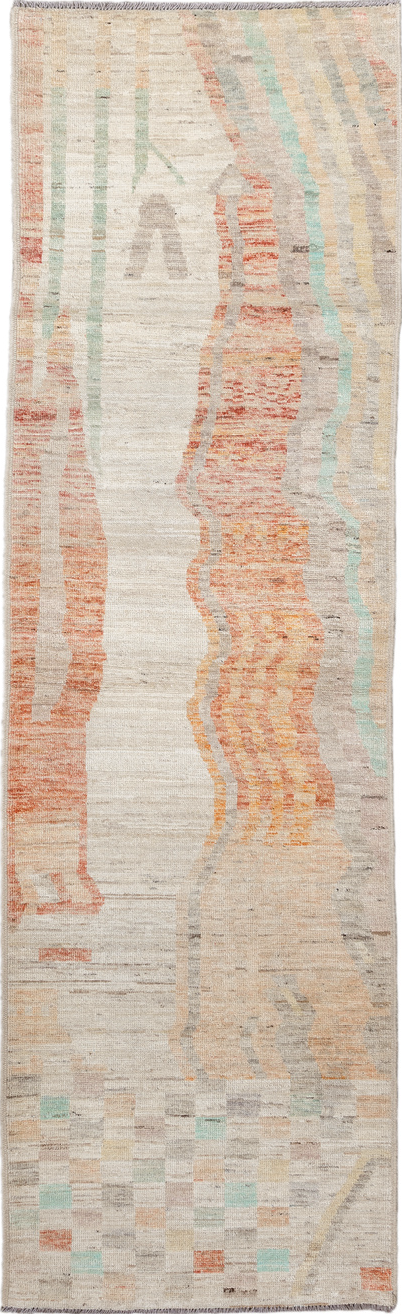 3' x 9' one-of-a-kind handmade vintage Kilim runner rug. Color palette: off-white, gray, light gray, brown, pink, orange
