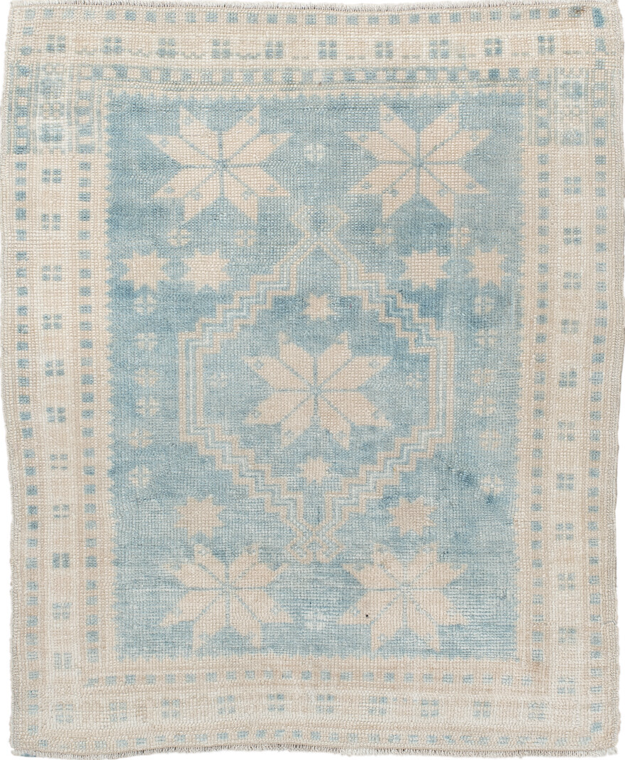 2' x 2' one-of-a-kind handmade vintage Anatol small size rug. Color palette: blue, dark gray, gray, light blue, light gray