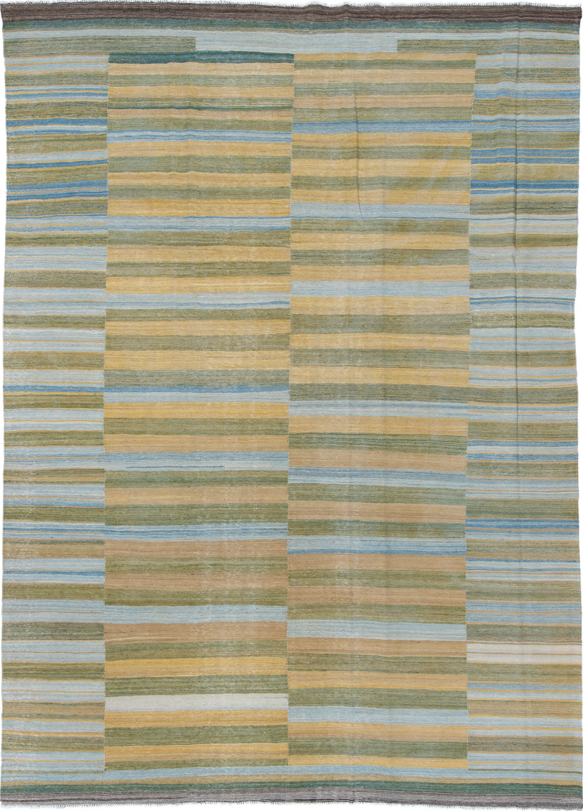 8' x 11' one-of-a-kind handmade vintage Kilim large size rug. Color palette: black, blue, brown, dim gray, gray, light gray