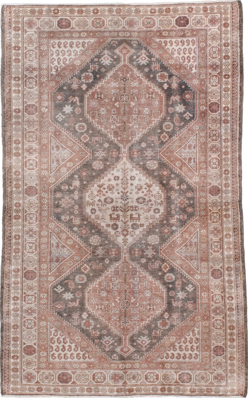 3' x 5' one-of-a-kind handmade vintage Sivas small size rug. Color palette: black, brown, gray, lavender blush, light gray