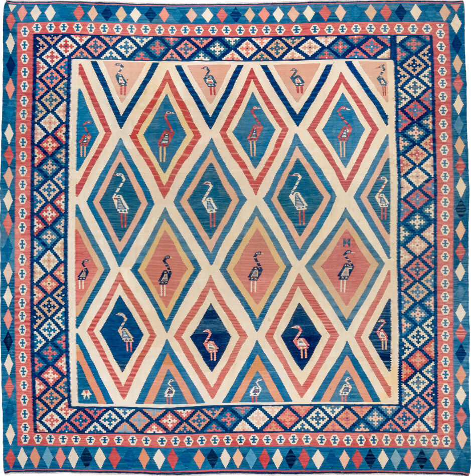 10' x 10' one-of-a-kind handmade vintage Kilim large size rug. Color palette: pink, red, gray, blue, brown, off-white