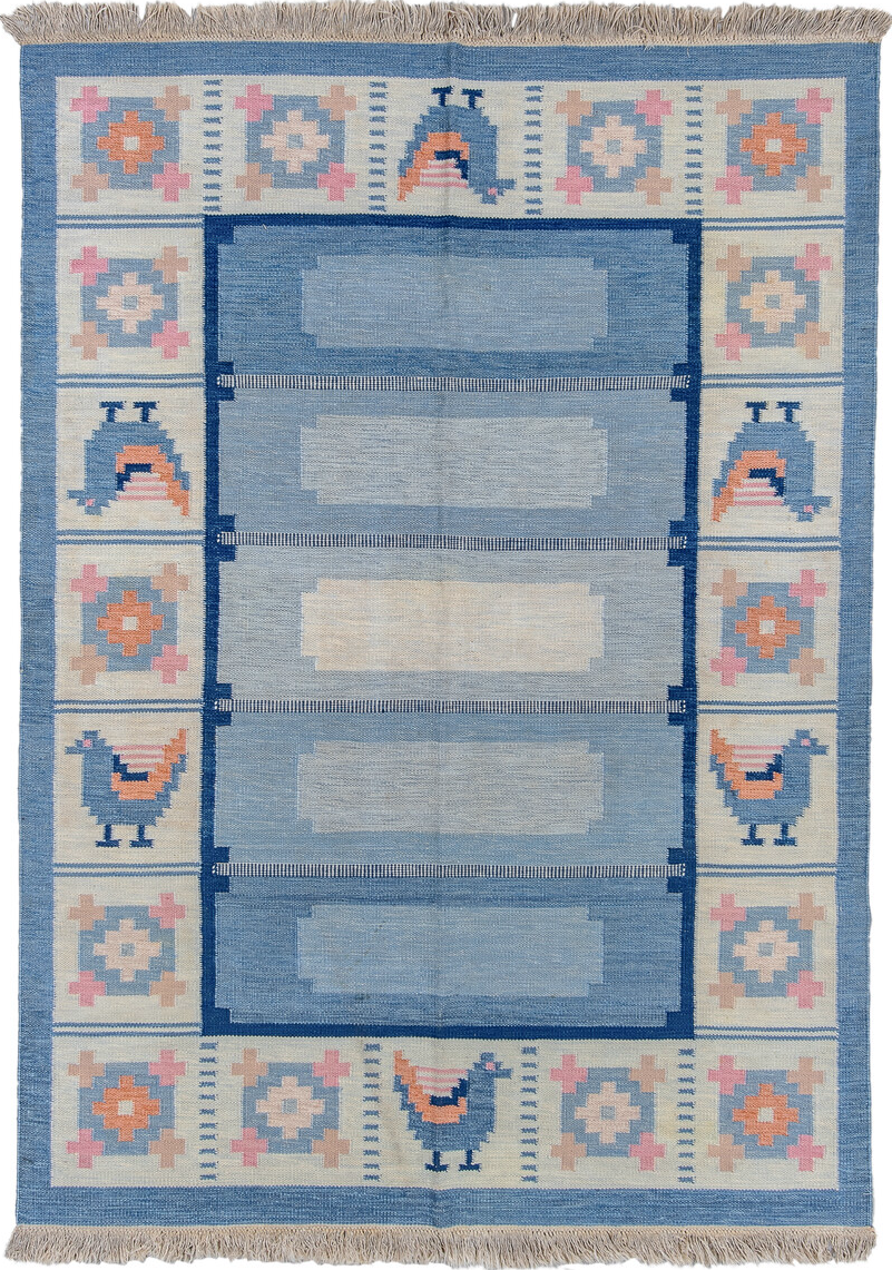 5' x 7' one-of-a-kind handmade vintage Rollaken rug. Color palette: black, blue, fiord, gray, light blue, light gray