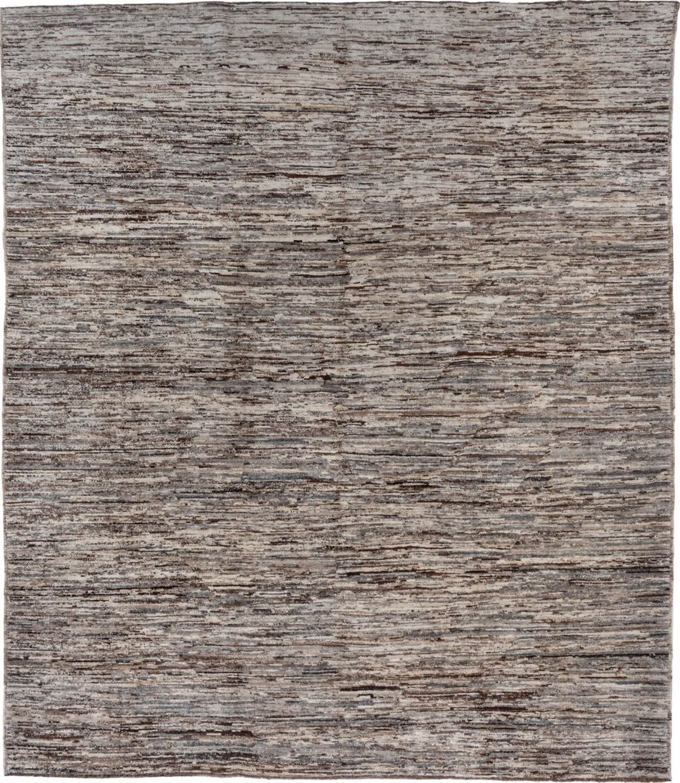 8' x 9' one-of-a-kind handmade vintage Tulu rug. Color palette: black, brown, charcoal, dim gray, gray, light gray