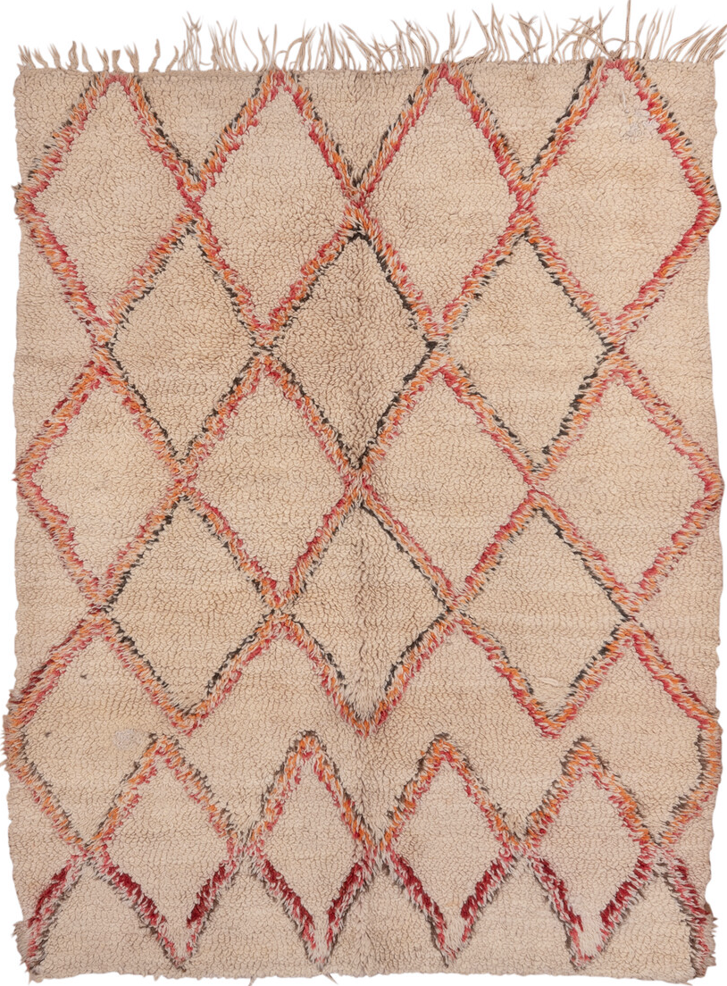 6' x 8' one-of-a-kind handmade vintage Moroccan medium size rug. Color palette: brown, gray, light gray, off-white, orange