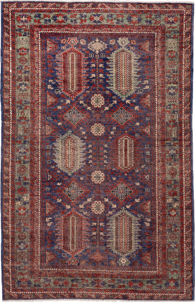 5' x 8' one-of-a-kind handmade vintage Shirvan medium size rug. Color palette: blue, brown, gray, pink, red, redwood