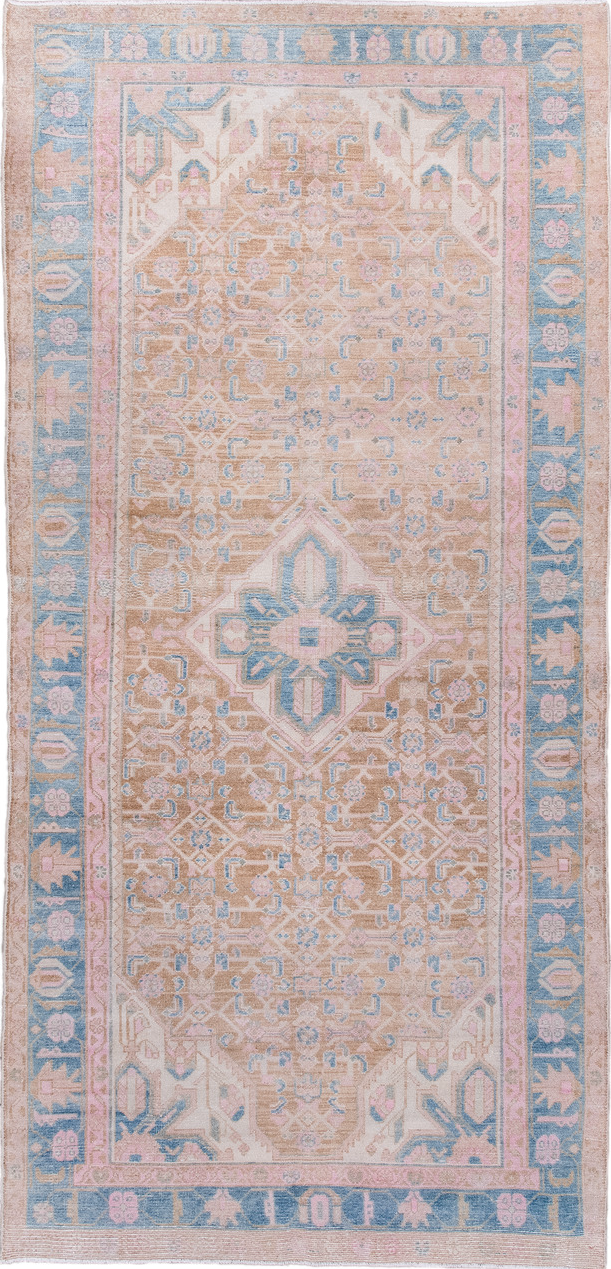 4' x 8' one-of-a-kind handmade vintage Hamadan runner rug. Color palette: pink, gray, light gray, off-white, light blue