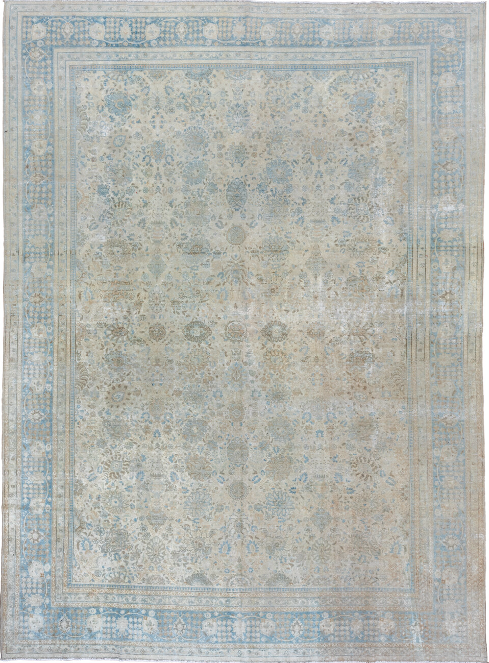11' x 14' one-of-a-kind handmade vintage Tabriz oversize rug. Color palette: gray, light gray, off-white, light blue