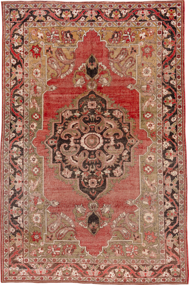 8' x 12' one-of-a-kind handmade vintage Oushak large size rug. Color palette: brown, fire brick, gray, light gray, off-white