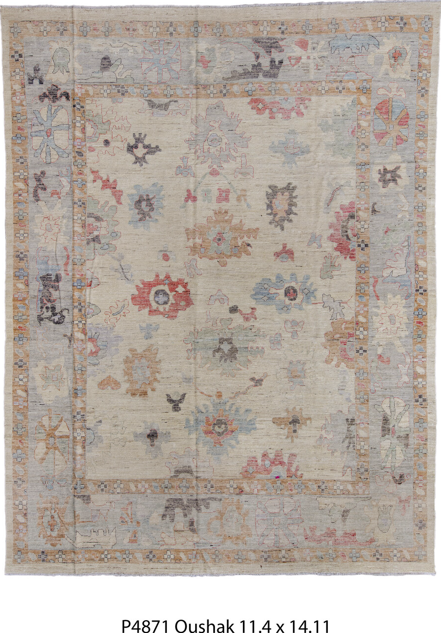 11' x 14' one-of-a-kind handmade vintage Oushak oversize rug. Color palette: black, brown, dark gray, dim gray, gray