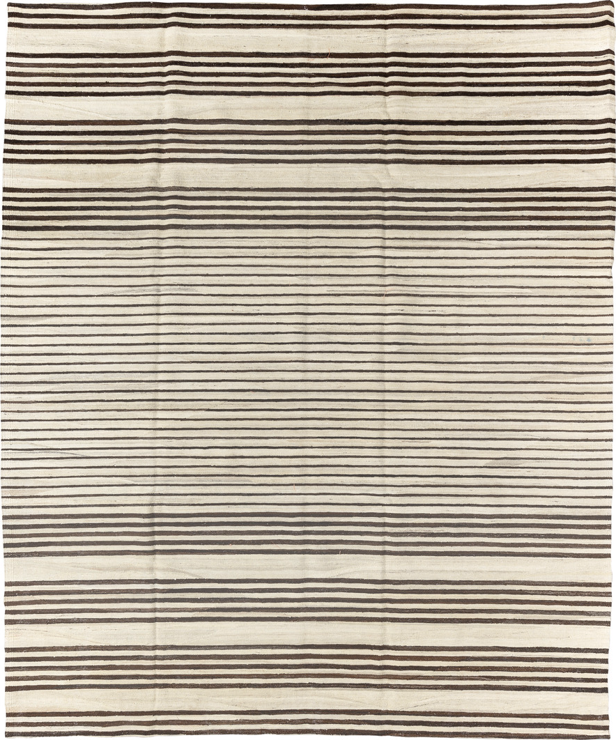 8' x 9' one-of-a-kind handmade vintage Kilim rug. Color palette: antiquewhite, black, brown, dark gray, gainsboro, gray