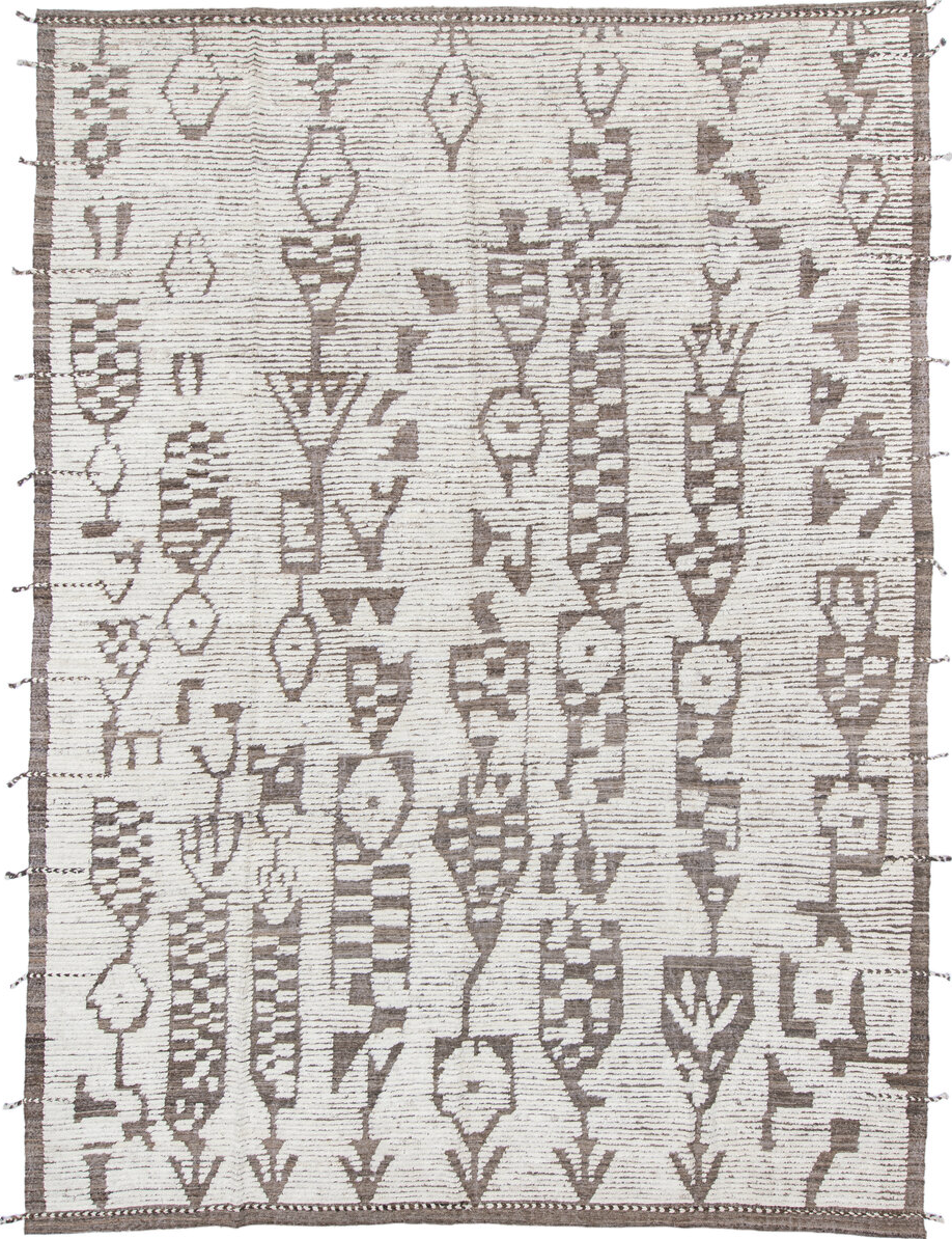 10' x 14' one-of-a-kind handmade vintage Tulu large size rug. Color palette: gray, off-white, pink, light gray, dim gray