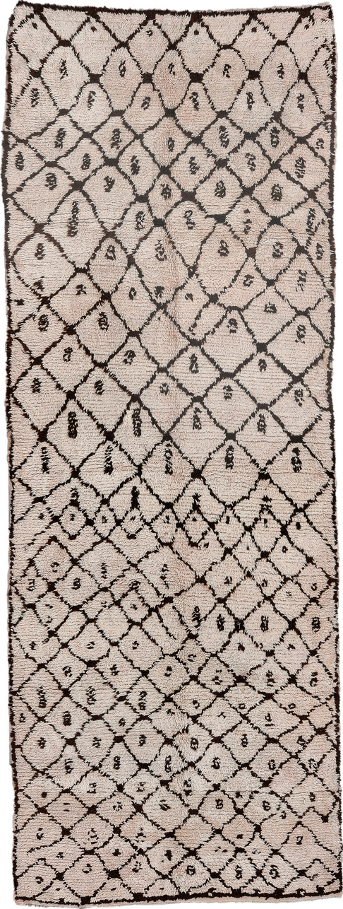 4' x 13' one-of-a-kind handmade vintage Moroccan runner rug. Color palette: brown, gray, off-white, orange, pink, redwood