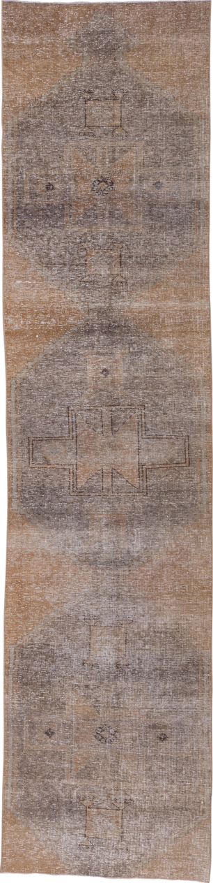 3' x 12' one-of-a-kind handmade vintage Oushak runner rug. Color palette: brown, gray, light gray, off-white, pink, snow