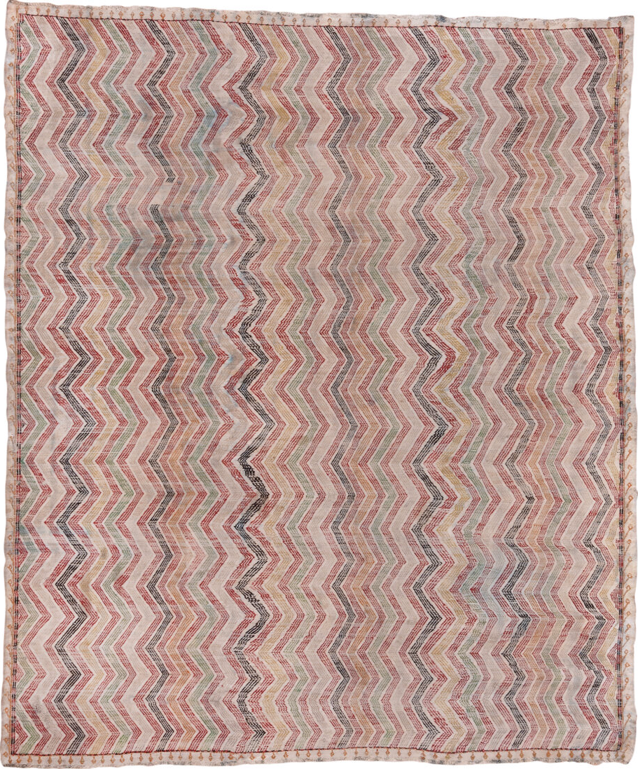 7' x 8' one-of-a-kind handmade vintage Jijim rug. Color palette: brown, ghost white, gray, light gray, off-white, pink, red