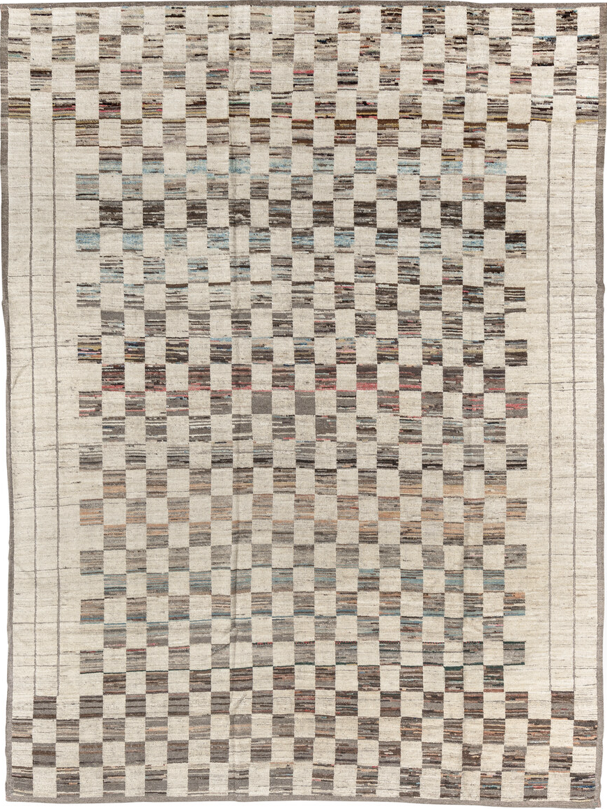 7' x 10' one-of-a-kind handmade vintage Tulu large size rug. Color palette: black, blue, brown, gainsboro, gray, light gray