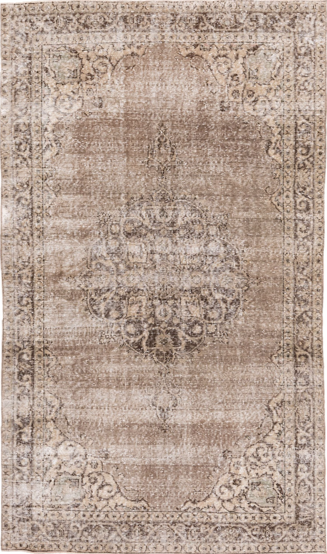 4' x 8' one-of-a-kind handmade vintage Oushak rug. Color palette: brown, gray, light gray, linen, off-white, pink