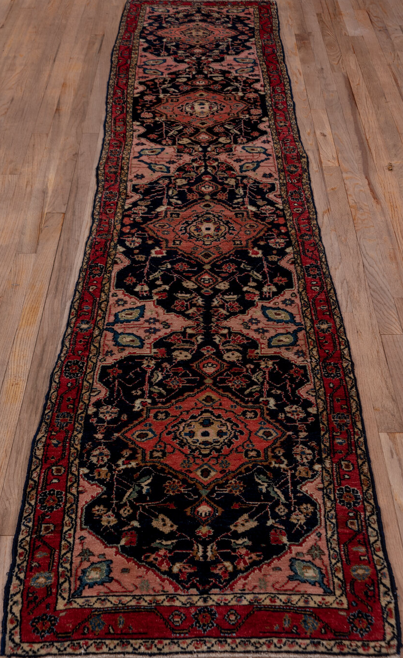 2' x 10' one-of-a-kind handmade vintage Malayer runner rug. Color palette: black, brown, charcoal, gray, pink, red