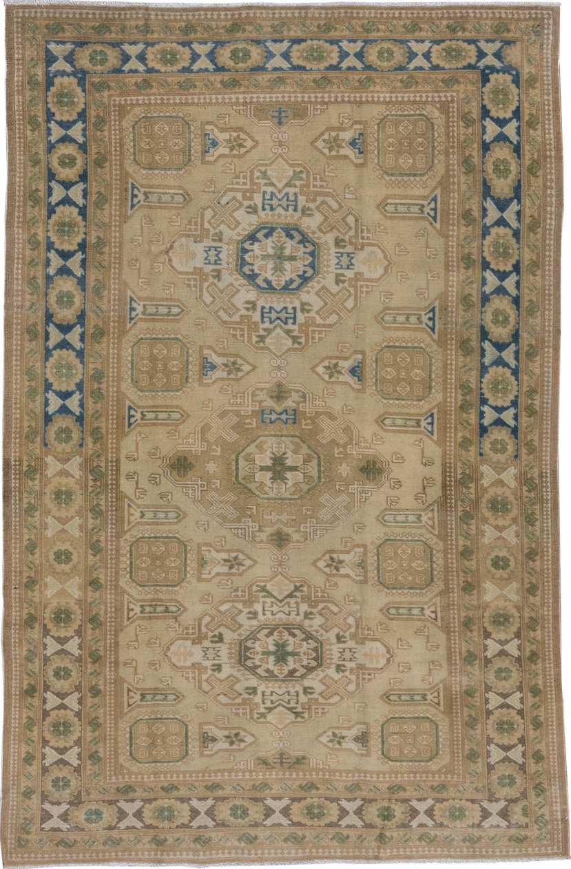 4' x 6' one-of-a-kind handmade vintage Oushak small size rug. Color palette: blue, brown, dim gray, gray