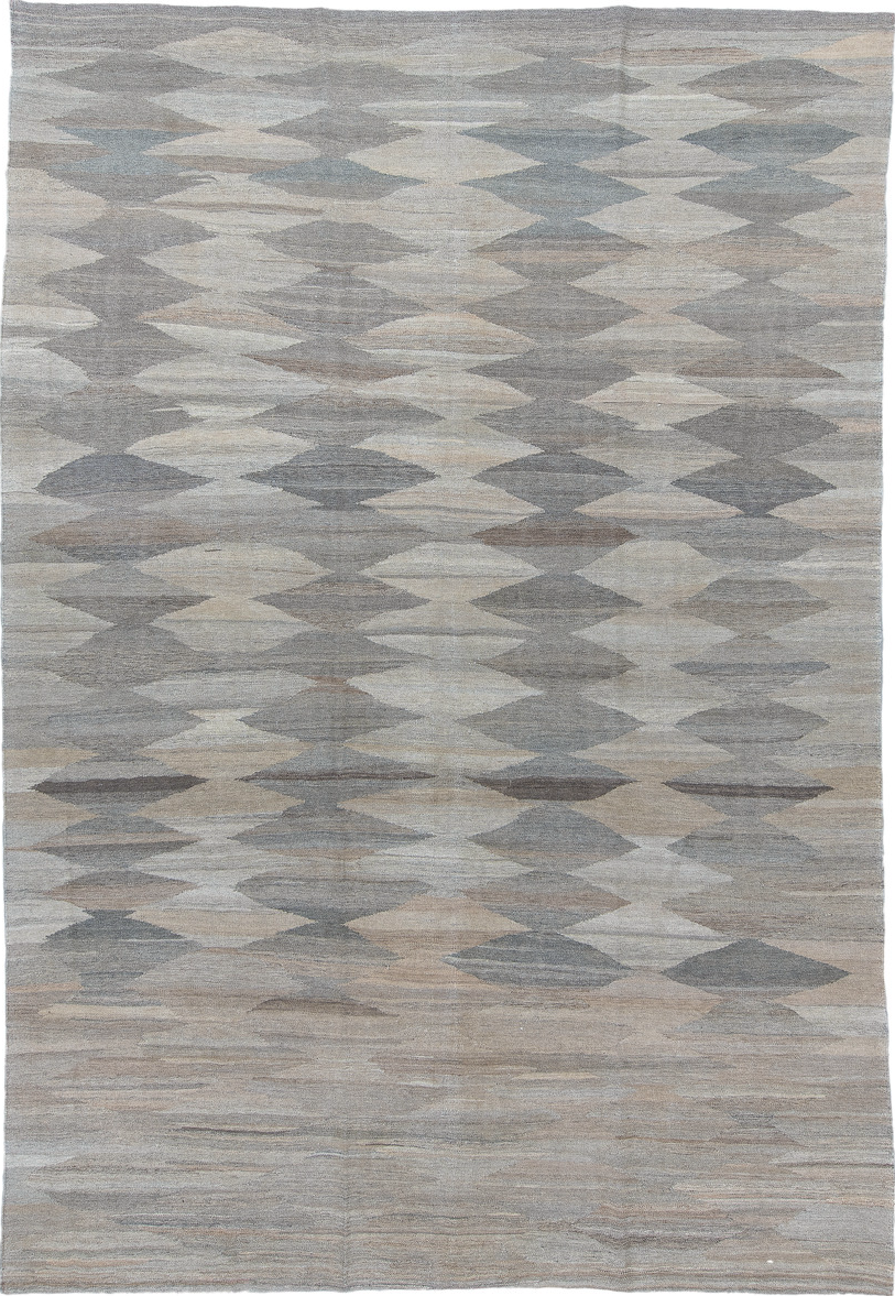 8' x 12' one-of-a-kind handmade vintage Kilim large size rug. Color palette: black, blue, charcoal, dim gray, gray