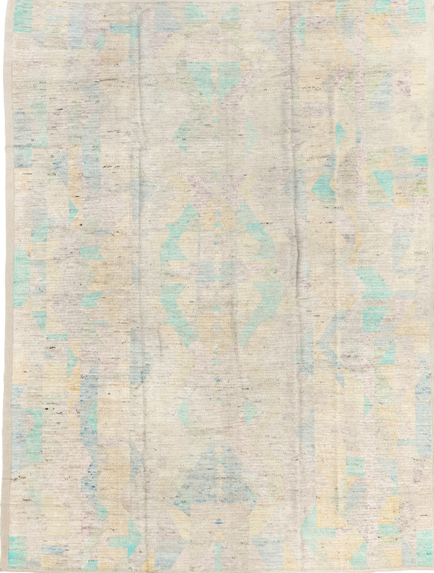 9' x 11' one-of-a-kind handmade vintage Tulu large size rug. Color palette: black, blue, brown, gainsboro, gray, green