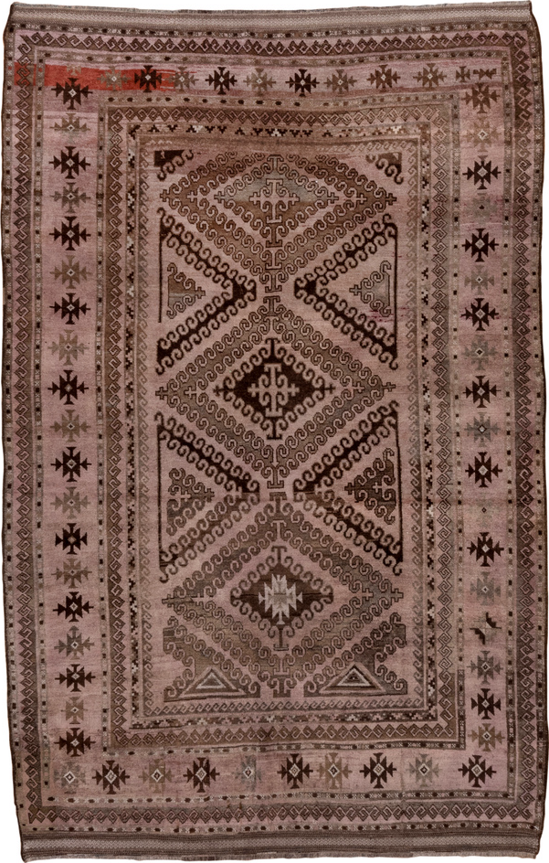 5' x 8' one-of-a-kind handmade vintage Belouch medium size rug. Color palette: brown, gray, light gray, pink
