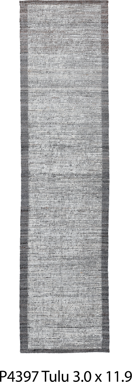 3' x 11' one-of-a-kind handmade vintage Tulu runner rug. Color palette: light gray, gray, off-white, blue, black, silver