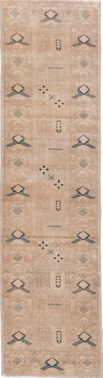 2' x 10' one-of-a-kind handmade vintage Oushak runner rug. Color palette: black, brown, gray, light gray, off-white, orange