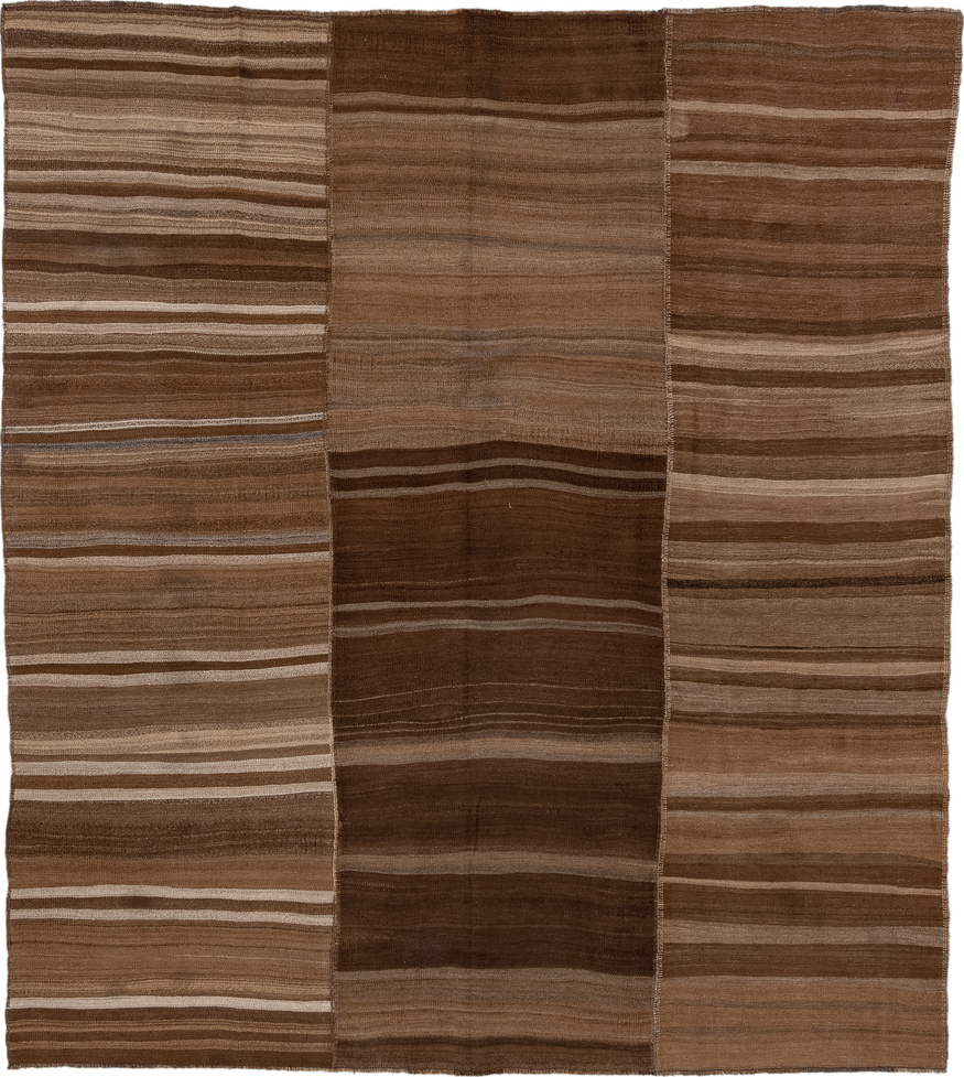 9' x 10' one-of-a-kind handmade vintage Kilim large size rug. Color palette: brown, gray, pink